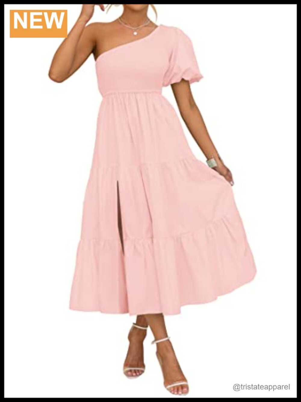 ZESICA Women's Smocked One Shoulder Bubble Sleeve Midi Dress